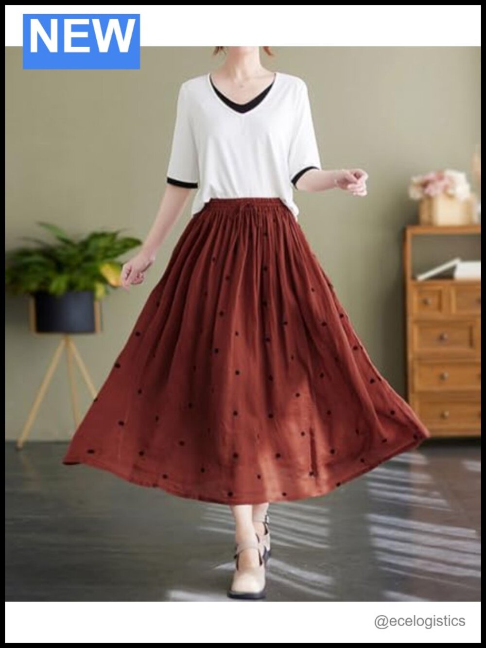 Women's Polka Dot A-Line Midi Skirt Cotton Pleated Boho Swing - Picture 5 of 5